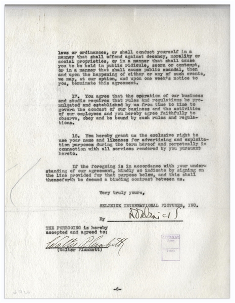 'Gone With the Wind'' Employment Contract Signed by David O. Selznick and Costume Designer Walter Plunkett -- ''...Selznick employs Plunkett...in connection with photoplay 'GONE WITH THE WIND'...''